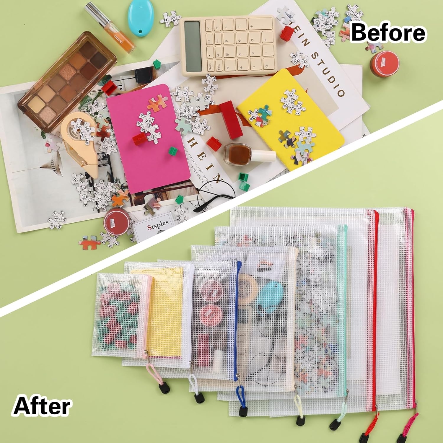 EOOUT 48pcs Mesh Zipper Pouch, Waterproof Zipper Bags, 8 Sizes Plastic Travel Pouch, 15 Colors, Multipurpose for Board Game, Travel Storage, School Supplies, Office Appliances, Home Organize - Image 7