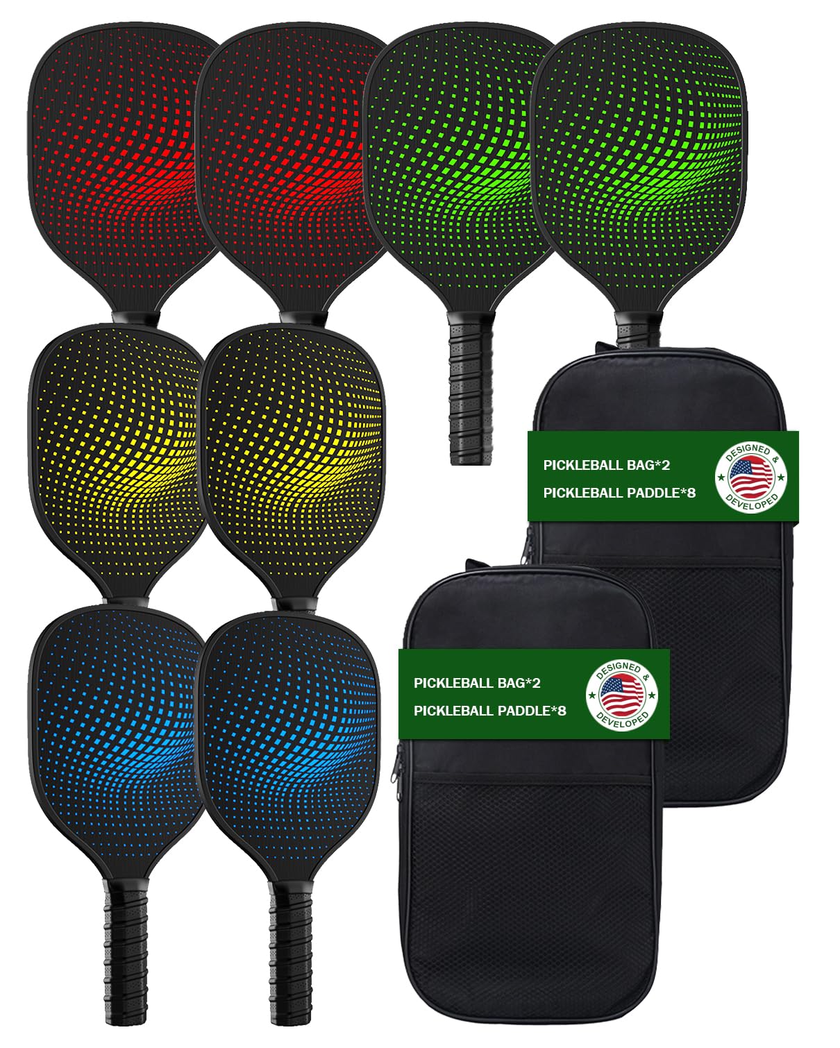 8-Pack Pickleball Paddles Set - Wooden Rackets with Fiberglass Surface & Polypropylene Honeycomb Core, Includes 2 Portable Carry Bags for Indoor/Outdoor Play