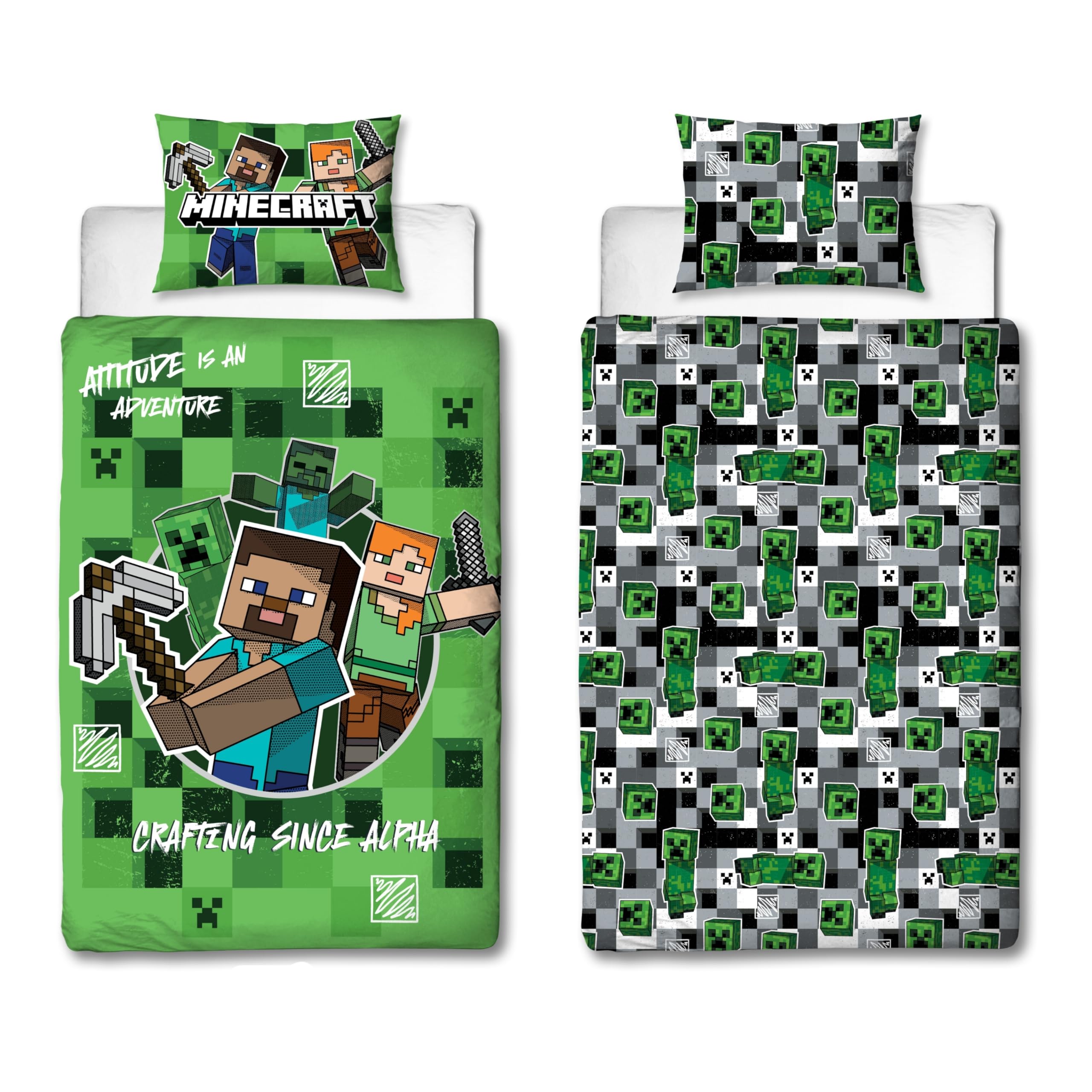 MINECRAFT Official Single Duvet Cover Set | Block Check Gaming Design Reversible 2 Sided Bedding Including Matching Pillow Case | Single Bed Set