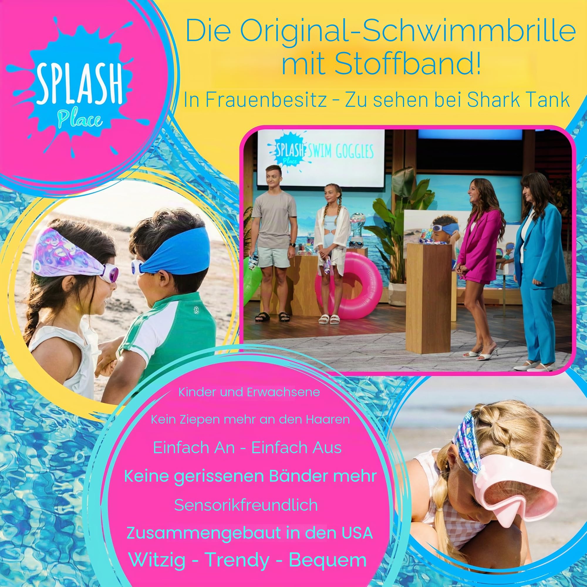 Splash Place Kinder-Schwimmbrille mit Stoffband – Meerjungfrau | lustig, modisch, bequem – verhedderungsfrei, Schwimmbrille für Kinder, bequeme Stoffband-Brille