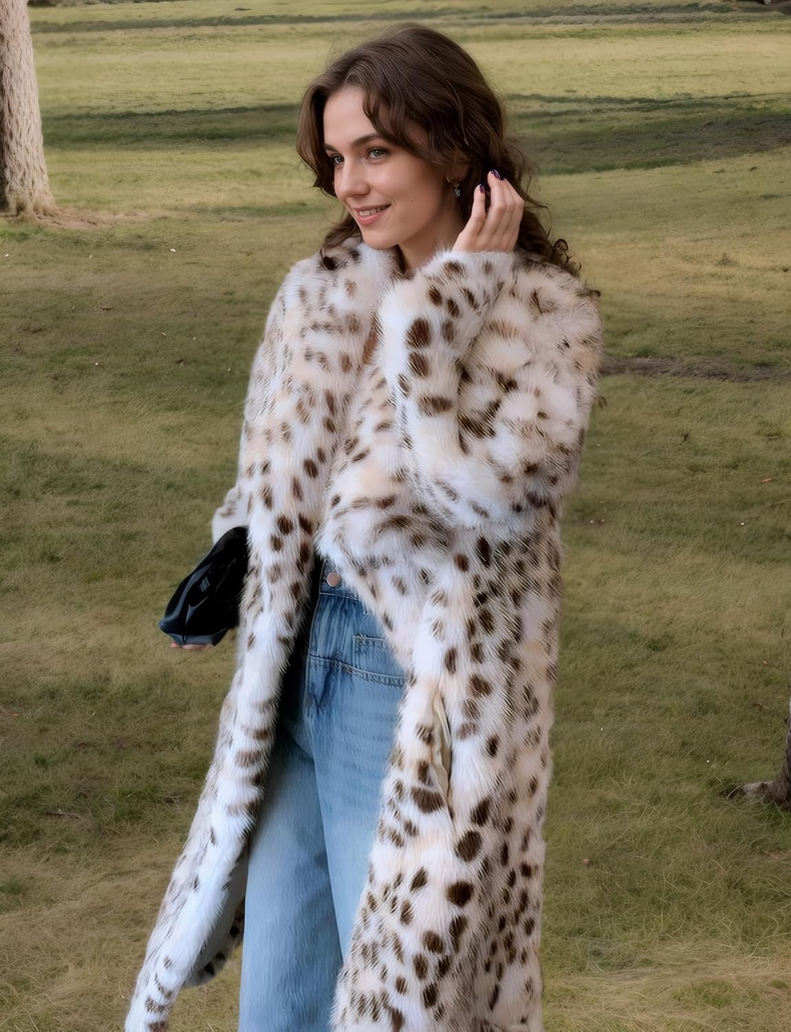 DJBM Women Faux fur Leopard Lapel Maxi Coat Cardigan Sexy Elegant Garment Pocketed with Belt for Winter Outdoor