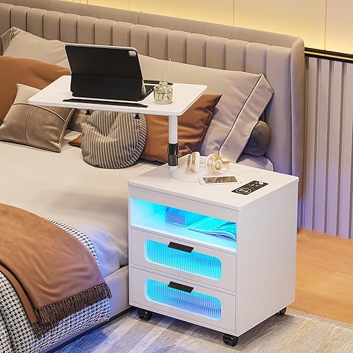 Miniatura 8 de HNEBC Juego de 2 mesitas de noche, mesita de noche LED con estación de carga inalámbricapuertos USB, mesita de noche inteligente con estación de