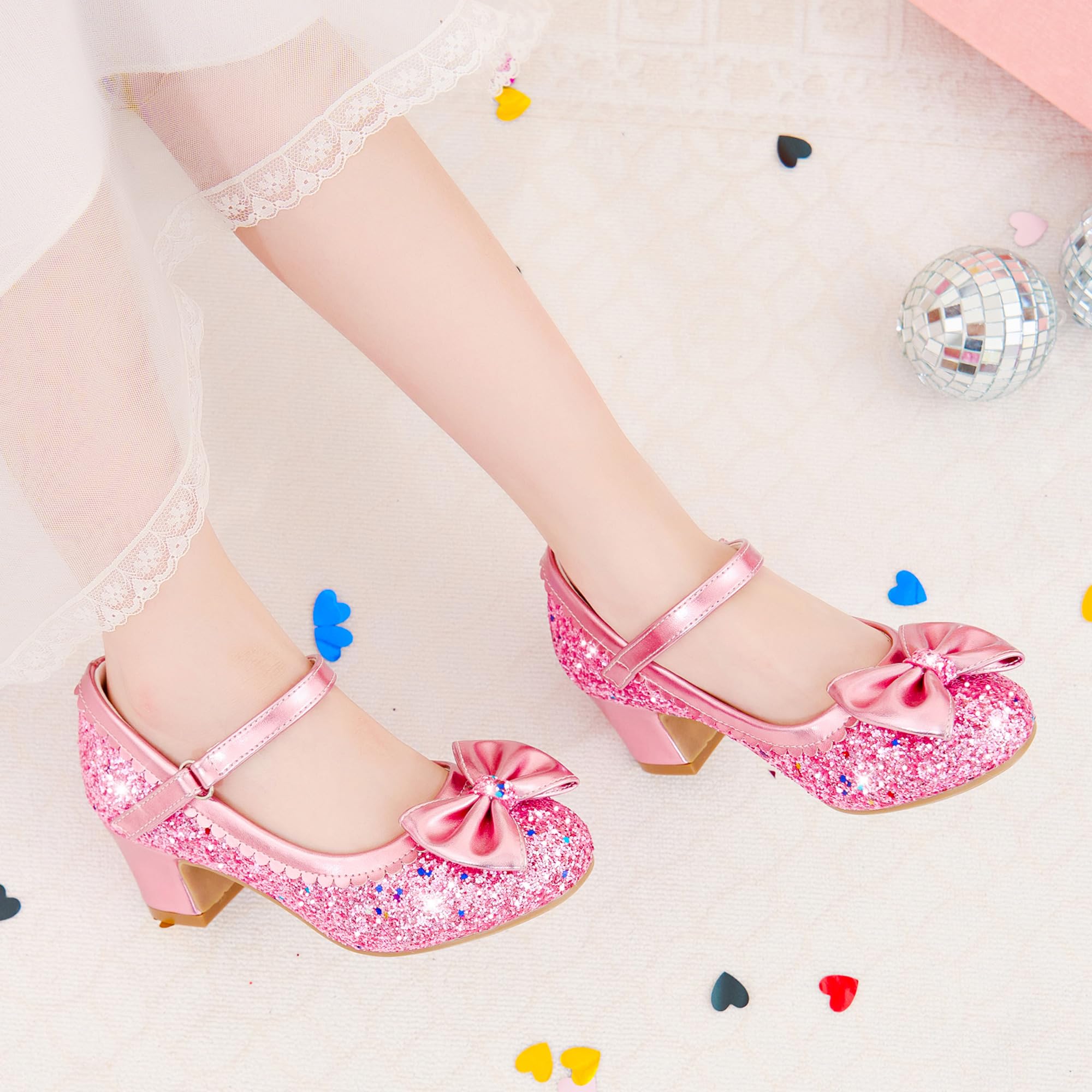 LAURMOSA Glitzer Prinzessin Schuhe Mädchen Mary Jane Riemchen Pumps mit Schleife Stöckelschuhe Kinder Party Hochzeit Geburtstag