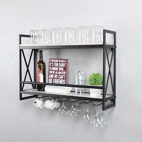 Miniatura 6 de MBQQ Estantes de vino rústicos montados en la pared con soporte de vidrio de 7 vástagos, estante de vino industrial de metal colgante de 30