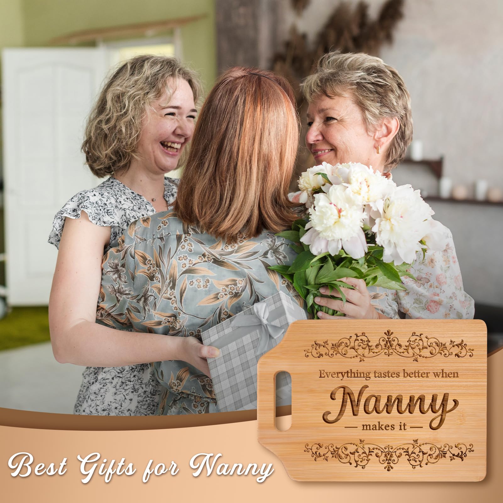 AceThrills Nanny Gifts for Nanny for Birthday from Grandkids - Engraved Bamboo Cutting Board 12.3"L × 8.7"W × 0.4"Th