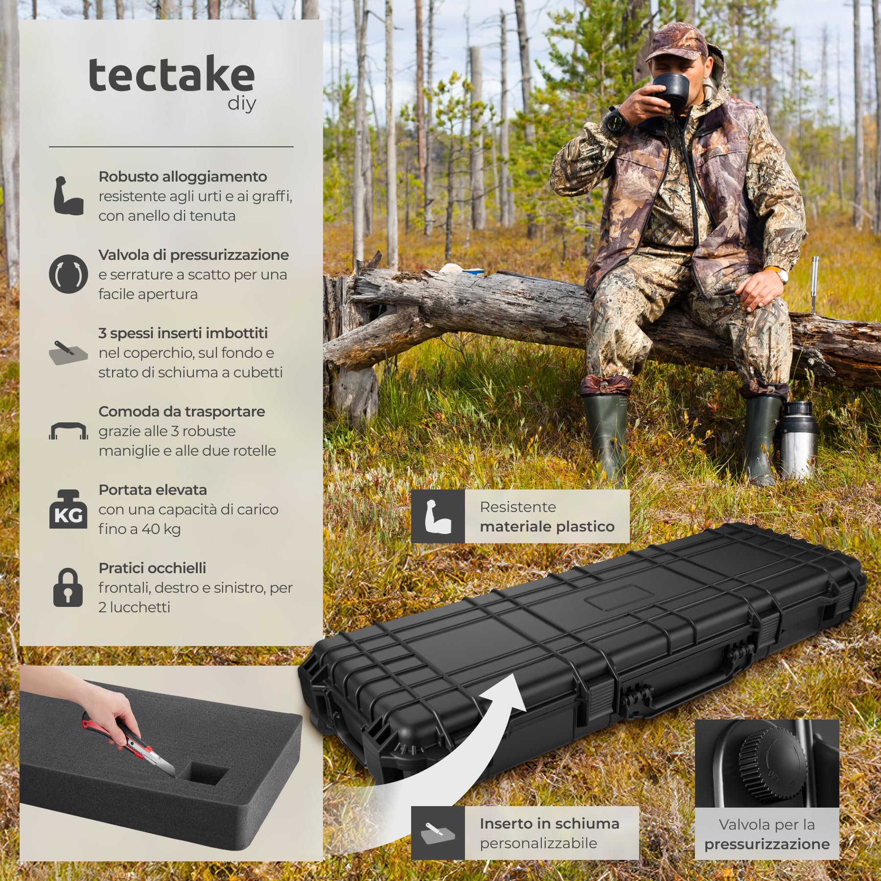 tectake® Custodia Porta Fucile - 113,5 x 41 x 16 cm - Custodia Rigida per Armi e Accessori, 4 Chiusure a Scatto, 3 Inserti in Espanso Estraibili, Maniglie, Rotelle per Trasporto