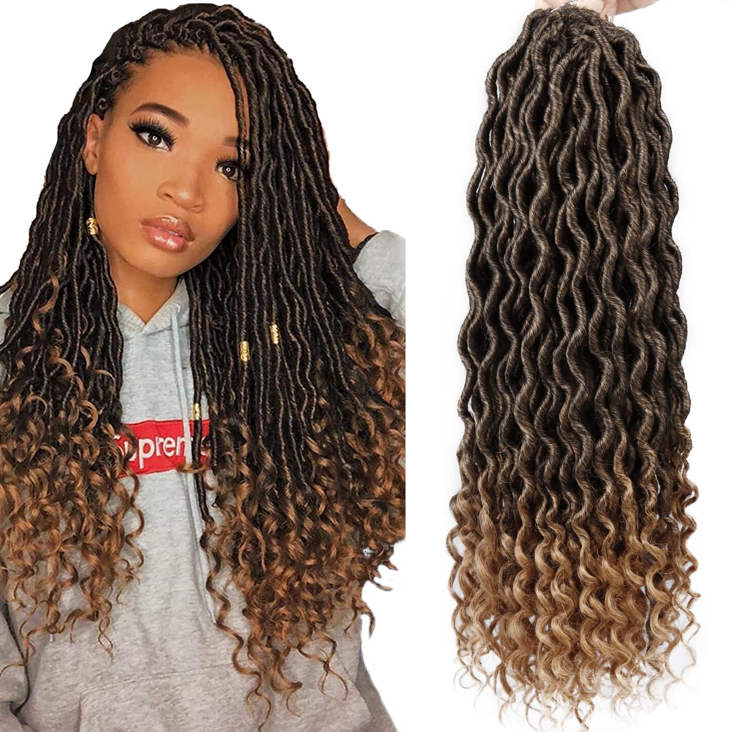 Goddess Locs Crochet Hair - 6 Packs 20 Inch Wavy Faux Locs Crochet Hair for Black Women, Ombre Faux Locs Crochet Hair with Curly Ends Synthetic Braids Hair Extensions (20Inch, T1B-27#)