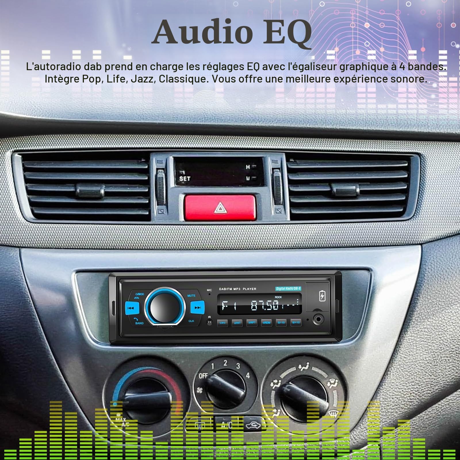 Autoradio Dab 1 Din avec Bluetooth 5.0 / EQ Audio/Appel Bluetooth/Radio FM/Charge USB/éclairage des Boutons/Port Carte TF SD/AUX-in, autoradio Single din + télécommande SWC
