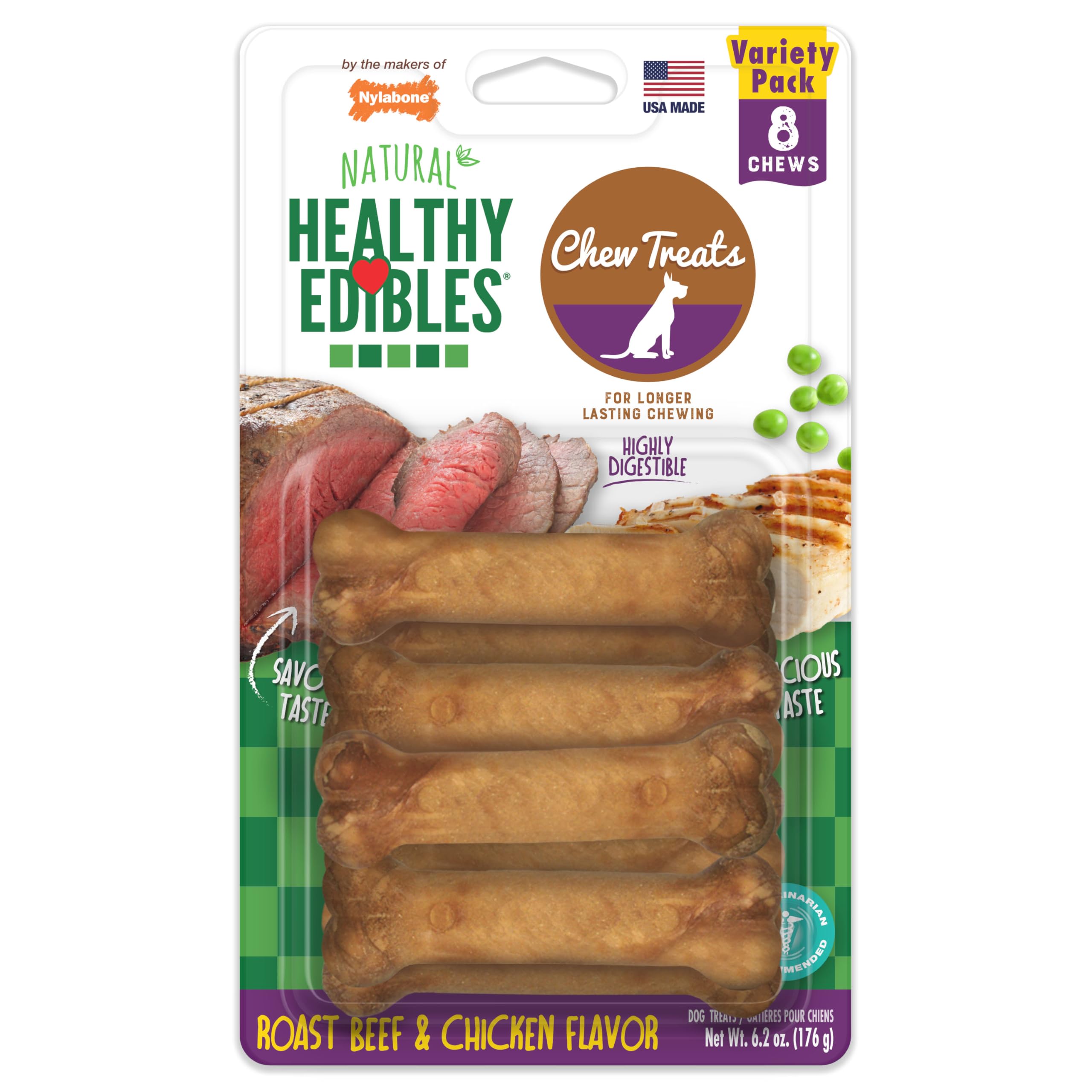 Nylabone Healthy Edibles Natural Dog Chews, Long Lasting Bones for Dogs, Roast Beef & Chicken Flavor Dog Treats, X-Small (8 Count)