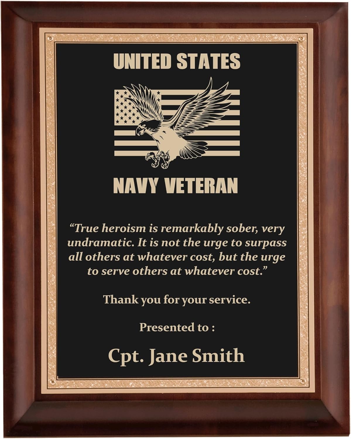 Military Appreciation Plaques, Custom Engraved Navy Service Award with Inspirational Quote Cherry Wood and Brass Plate Plaque for United States US Military Veteran