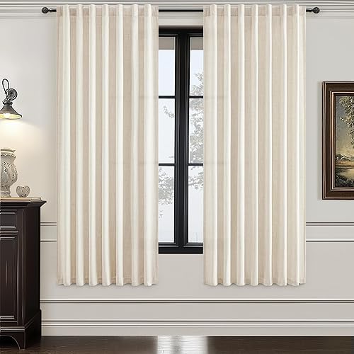 Miniatura 26 de Juego de 2 paneles de cortinas y cortinajes semitransparentes de lino mezcla natural de 84 pulgadas de largo, para sala de estar, cortinas plisadas