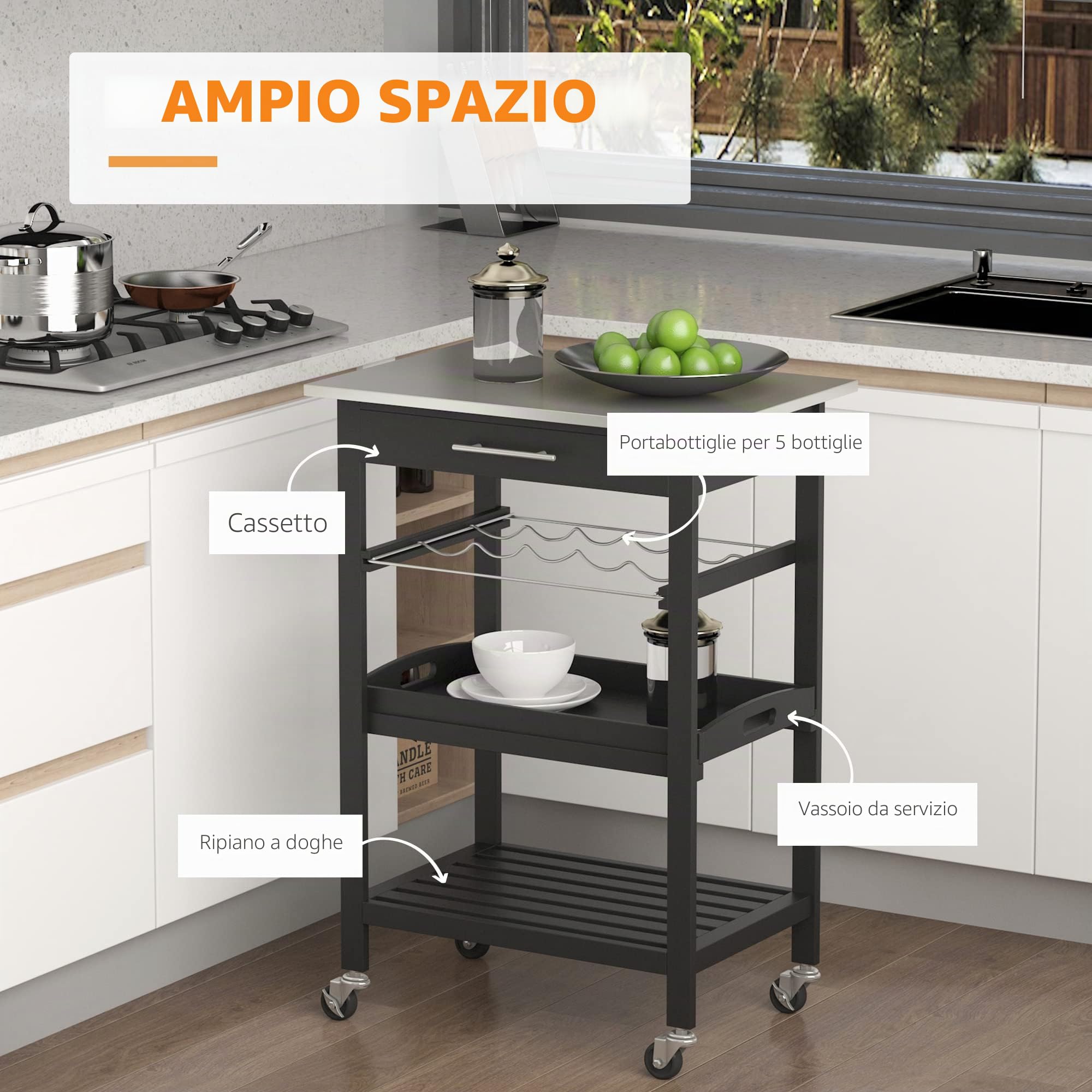 HOMCOM Carrello di servizio tavolo da 60 x 40 x 85 cm, colore: Nero | Tavolo Rotelle, Ripiano, Conservazione Bottiglia, Vassoio Acciaio Inox
