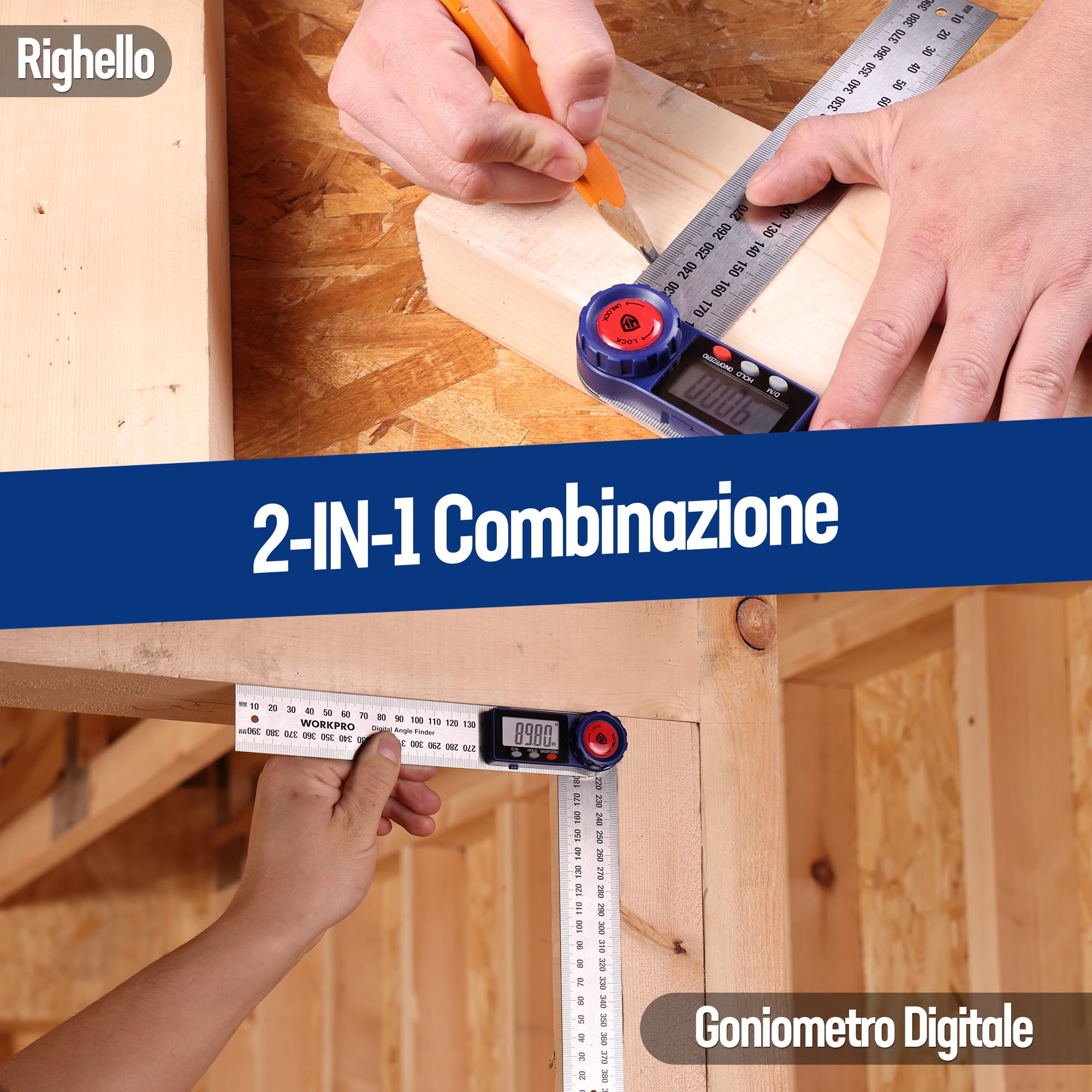 WORKPRO Goniometro Digitale 200 mm 2-in-1 con Righello in Acciaio Inossidabile, Misura Angolo 360° con Schermo LCD, Strumento di Precisione per Falegnameria, Taglio e Fai-da-te