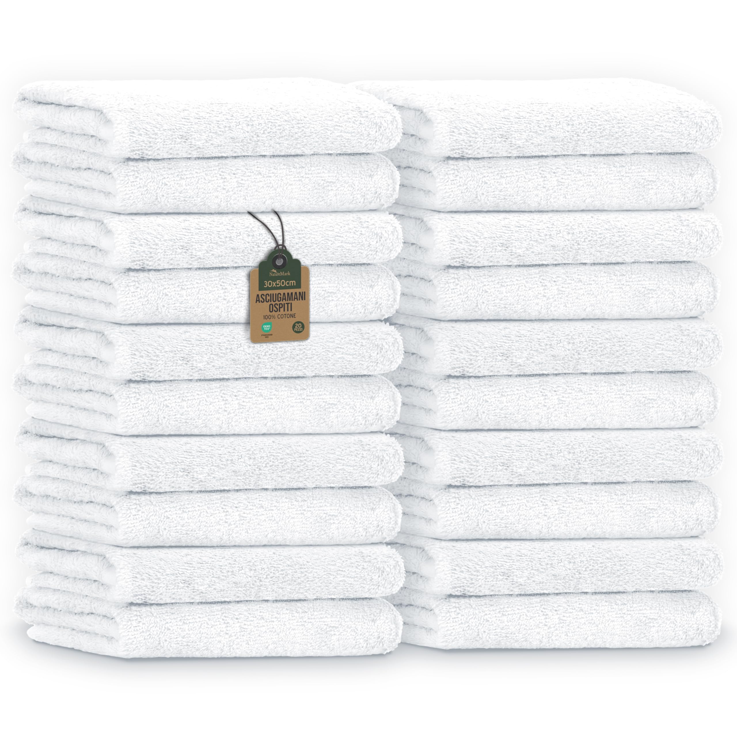 NatureMark Asciugamani Ospite – Confezione da 20 (30x50 cm), 100% Cotone, Certificati OEKO-TEX, Morbidi, Assorbenti e Facili da Lavare – Per Bagno, Ospiti & Spa – Bianco