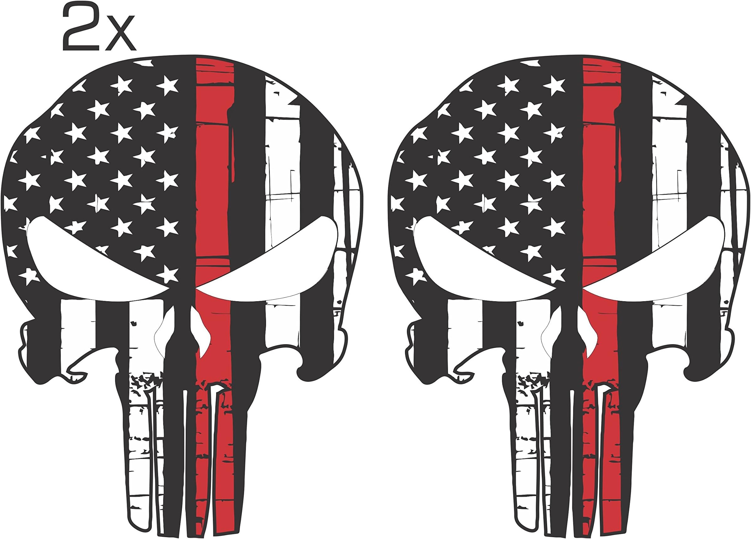 Official Red Line Punisher Skull 3M/Orafol Decal Supporting Our Firefighter Heroes Various Sizes Pack of 2 (3.8" x 5", White Tattered Punisher Skull)