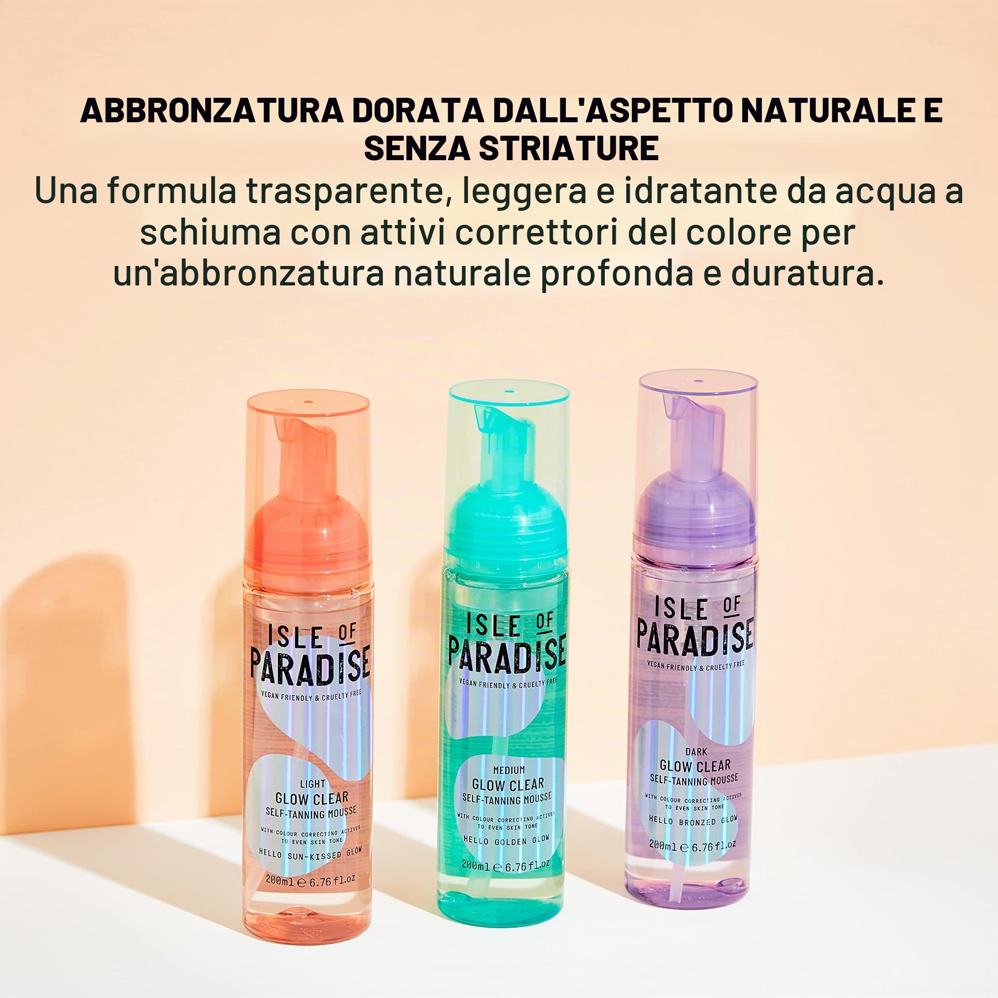 Isle of Paradise Mousse autoabbronzante, scura (200 ml) Glow Clear, schiuma autoabbronzante, ingredienti naturali e vegana (la confezione può variare)