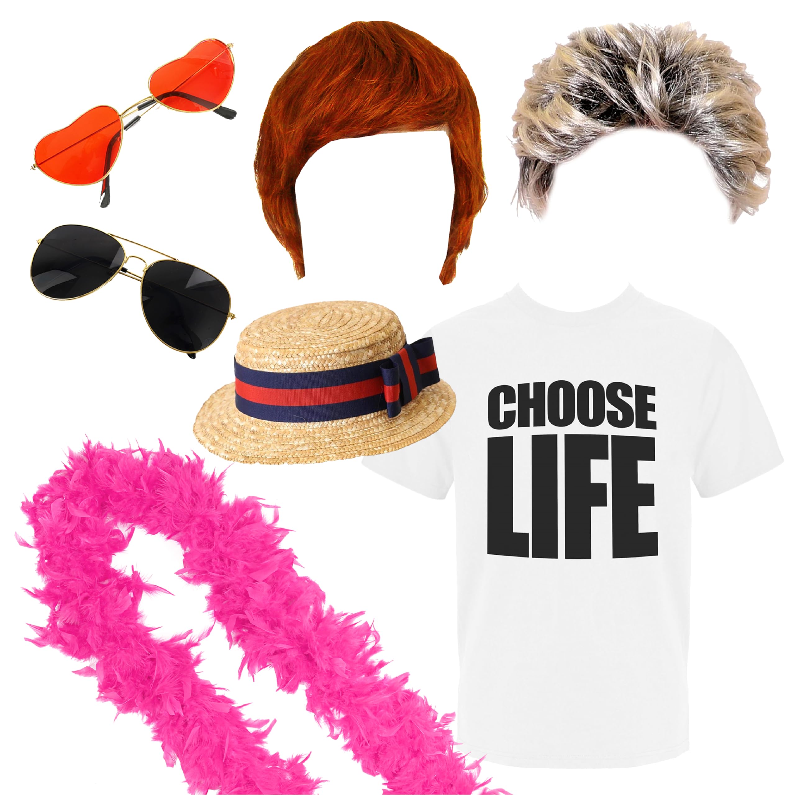 Costume duo chanteur des années 90 pour adultes – Chapeau bateau, perruque gingembre, boa à plumes roses, lunettes en forme de cœur, t-shirt Choose Life, perruque des années 80, lunettes de soleil –