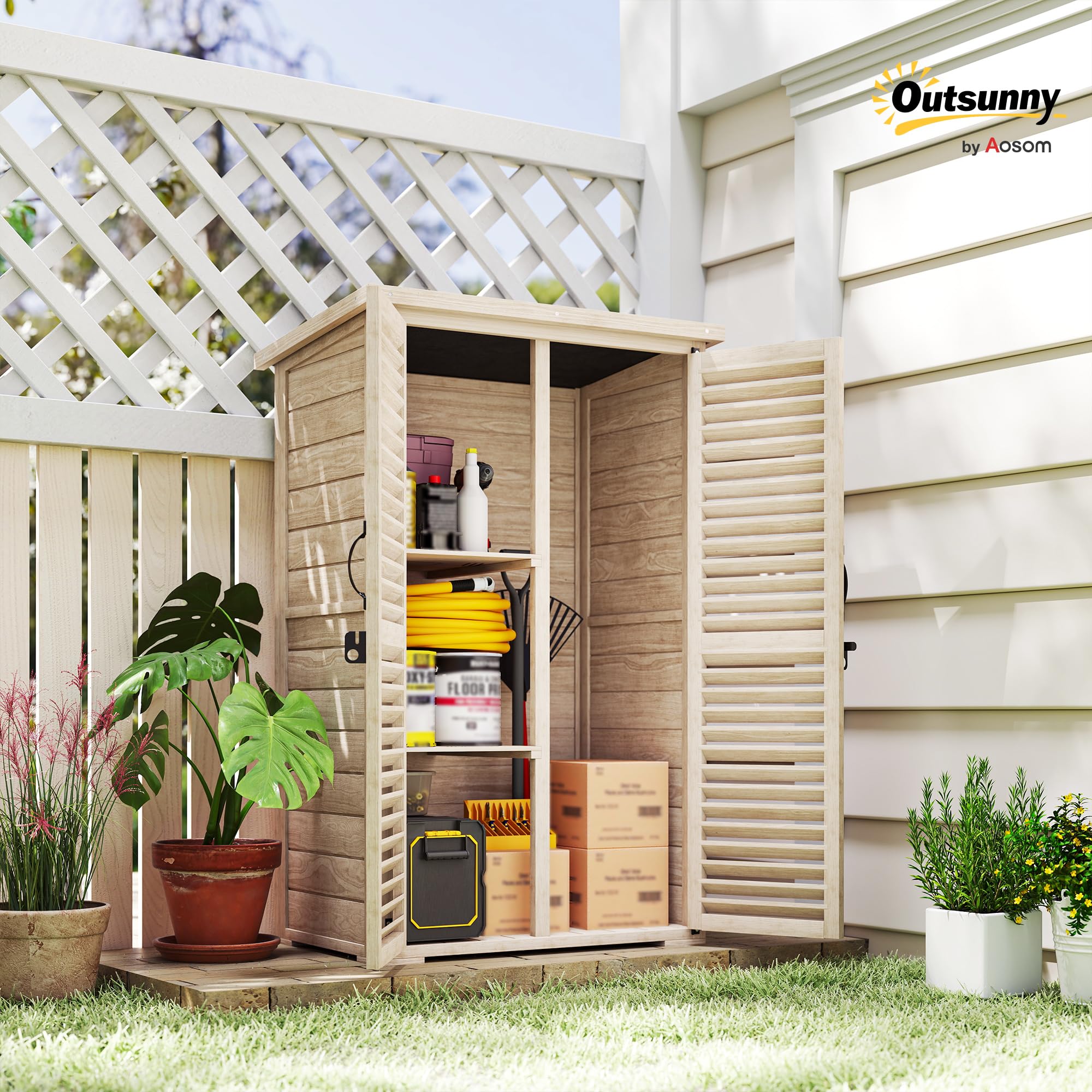 Outsunny Gartenschrank, Schuppen für Werkzeuge aus Holz, 2 Regale, Dach, Bitumendach, abschließbar, 75 x 50 x 118 cm, Natur