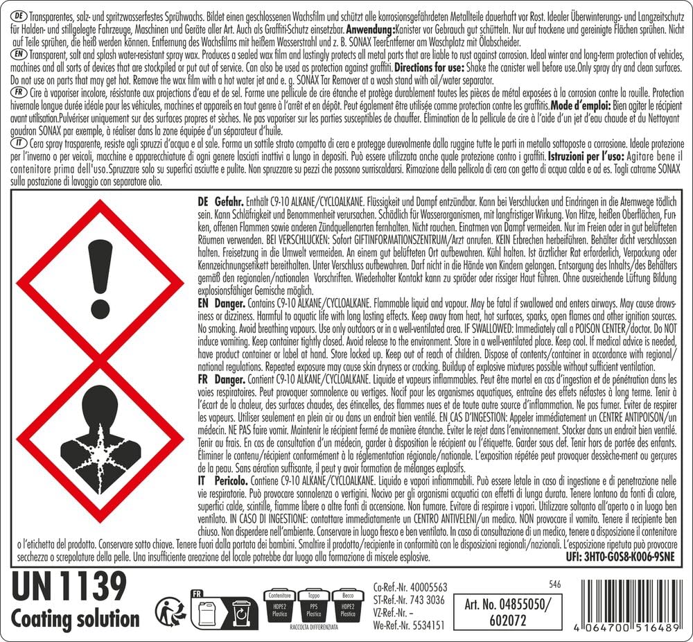 SONAX SpezialKonservierungsWachs (5 Liter) transparentes, salz- und spritzwasserfestes Sprühwachs | Art-Nr. 04855050