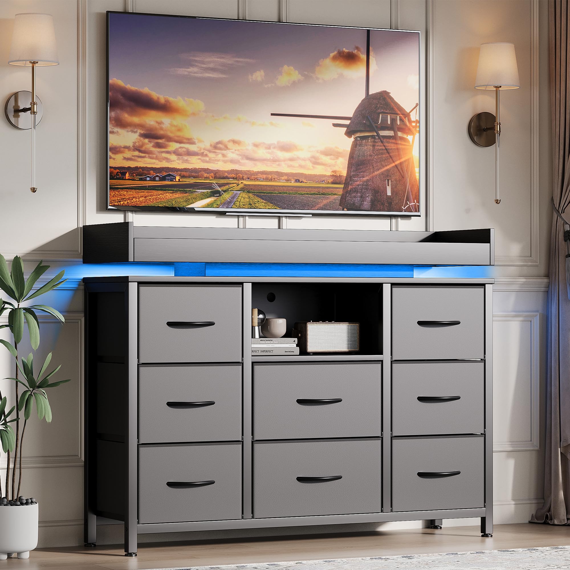 Cassettiera con 8 cassetti, in tessuto con illuminazione a LED, credenza con porte di ricarica USB, armadietto portaoggetti per camera da letto, soggiorno e corridoio (nero, 8 cassetti)