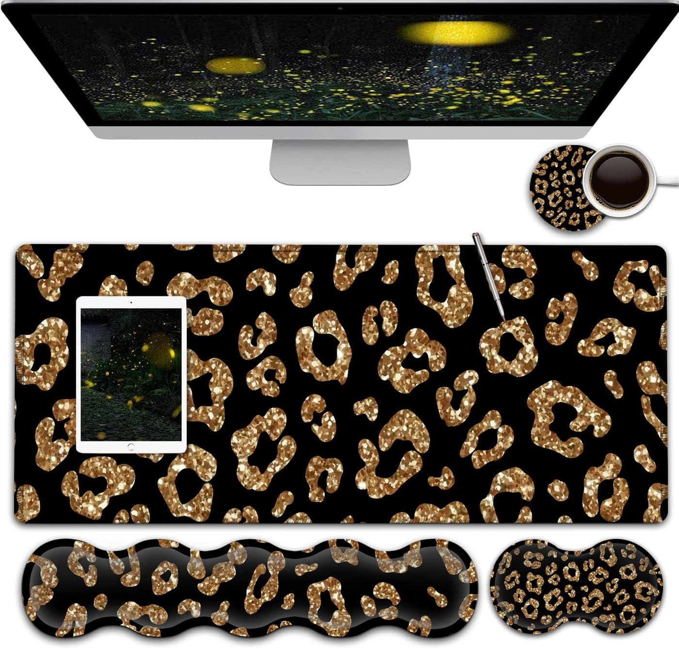 Gaming Mouse Pad and Keyboard Wrist Rest, Large Extended Mouse Pad 31.5X 11.8,Ergonomic Memory Foam Wrist Rest +Desk Mat Protector,for Office/Home Writing Pad, Gold Glitter Leopard Black Mousepad