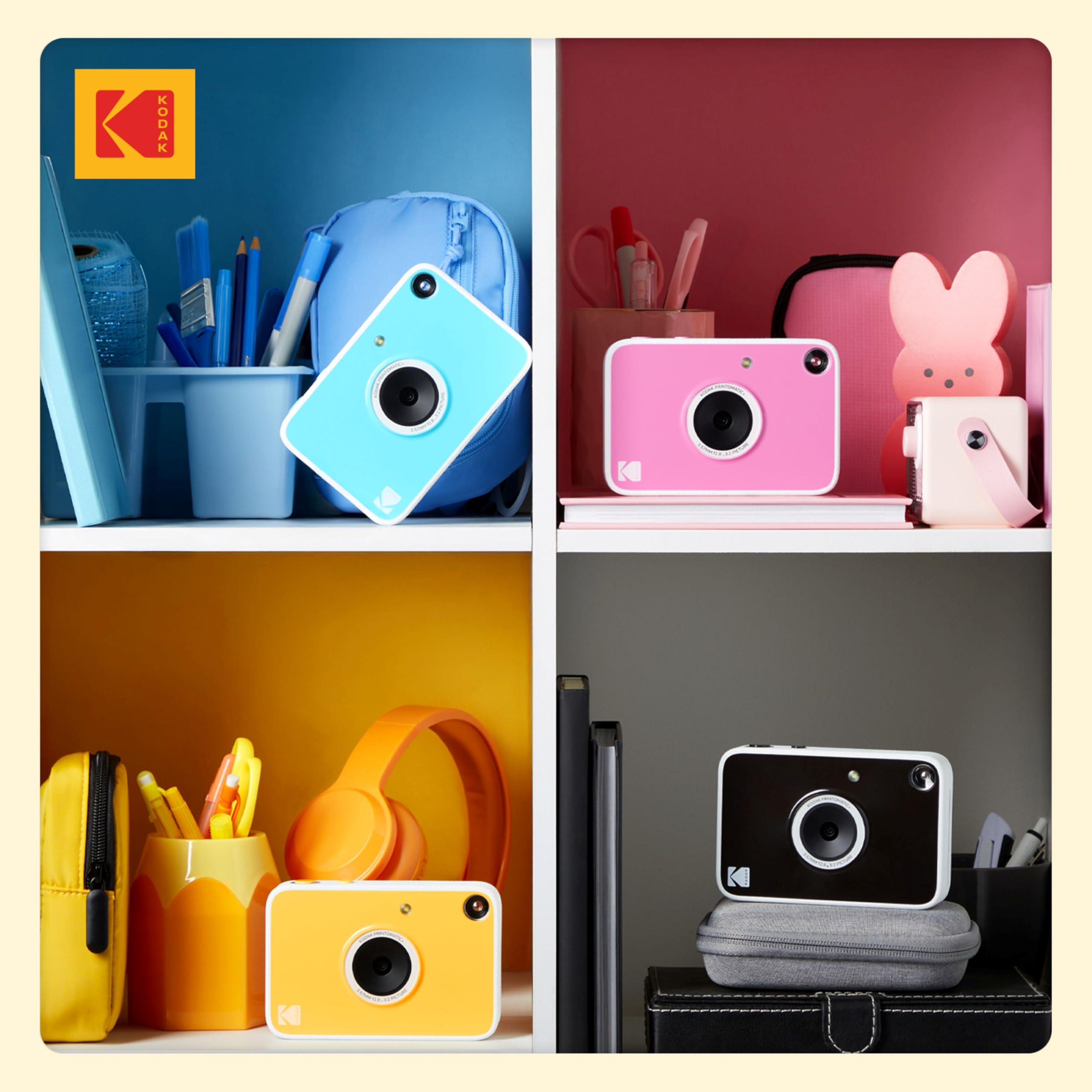 KODAK Printomatic+ Fotocamera Istantanea 10MP Kit Iniziale con Custodia, RGB LED e Carta Adesiva Zink 20pz – Giallo