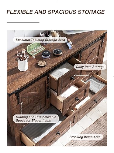Miniatura 4 de T4TREAM Cómoda de Granja de 48 Pulgadas para Dormitorio con 4 Cajones y Puertas Corredizas de Granero, Cómoda Alta, Soporte de TV Cómoda Rústica con