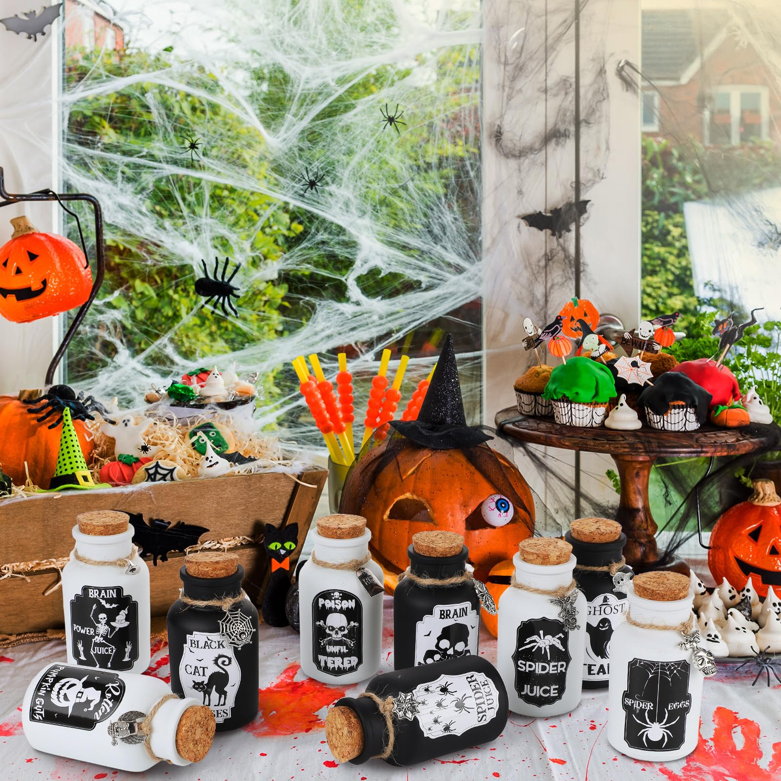 12 Botellas De Poción De Vidrio De Halloween Con Tapón De Corcho Botellas De Boticario Con Etiquetas Adhesivas Para Decoracion De Bandeja