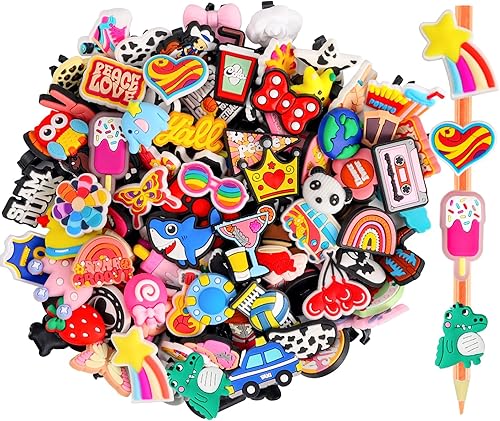 60 piezas de decoración para lápices, encantador, clip, diferentes dijes, suministros escolares, recompensas para el aula, regalos para estudiantes