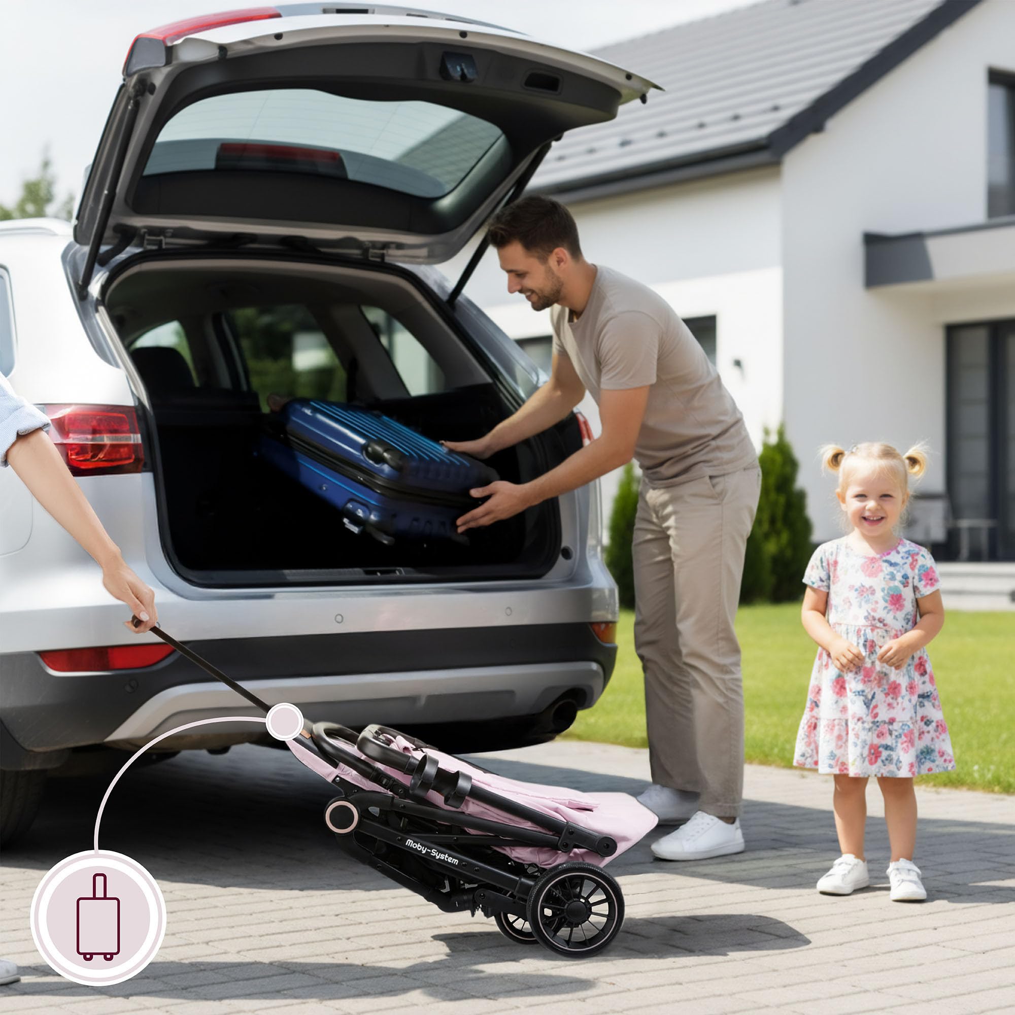Moby-System LENA PINK PRO Poussette Canne avec Fonction Valise, Légère et Compacte 6–48 Mois, Roues EVA avec Suspension, Capote XXL, Pliage à Une Main, Rose