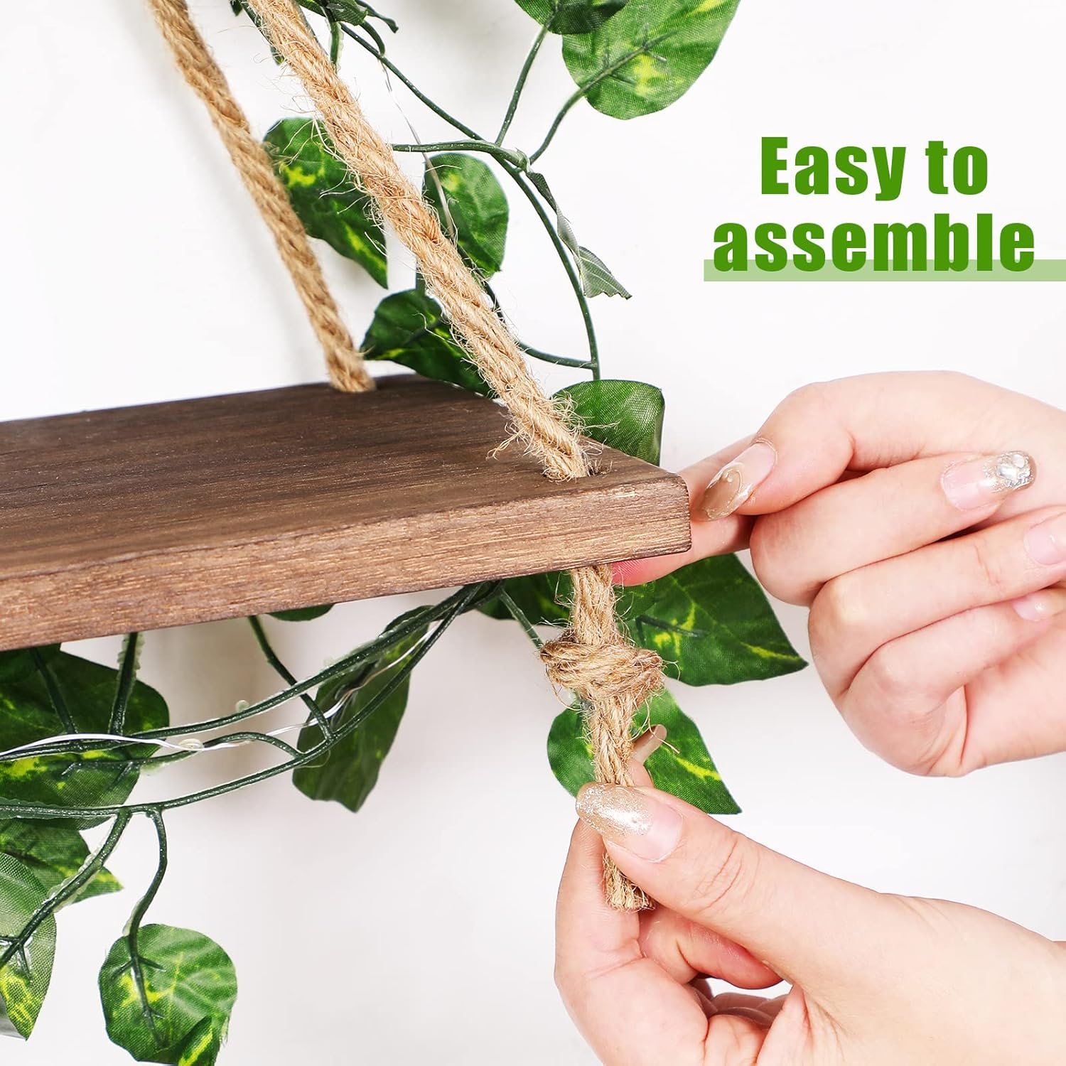 Amyhill 3 Set Artificial Ivy LED Floating Plant Shelves Wood Hanging Dorm Wall Decor Leaves and Light Strip Hanging Shelves for Bedroom Living Room Nature Wall Decoration