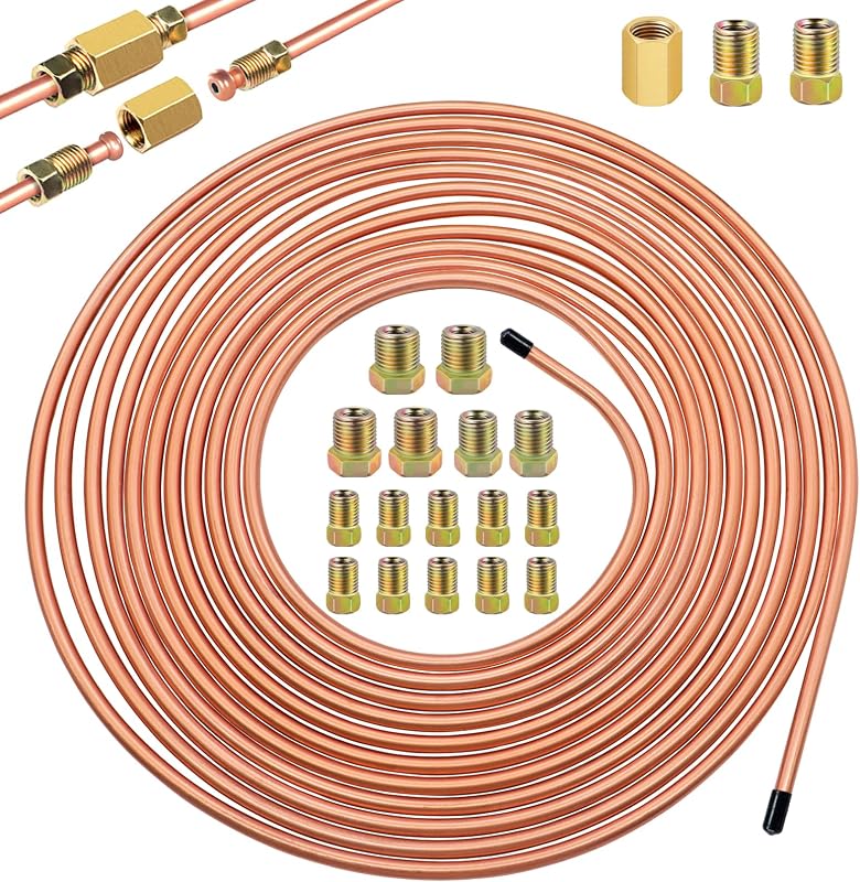 Tubo de freio flexível Eoppen em liga revestida de cobre 3/16 x 25 pés com conexões SAE – Kit com 16 porcas e 1 união