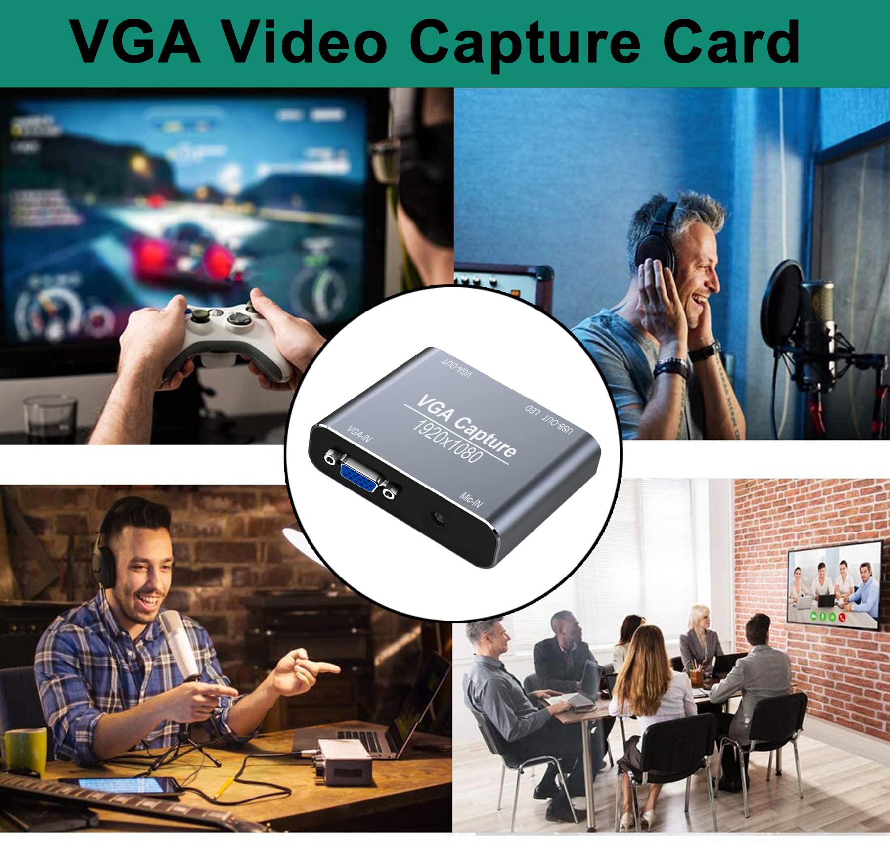 VGA Capture Card, VGA to USB Recorder with Microphone Input, Supports Full HD 1080P Video for Gaming, Streaming, Teaching, Video Conferencing, Live Broadcasting