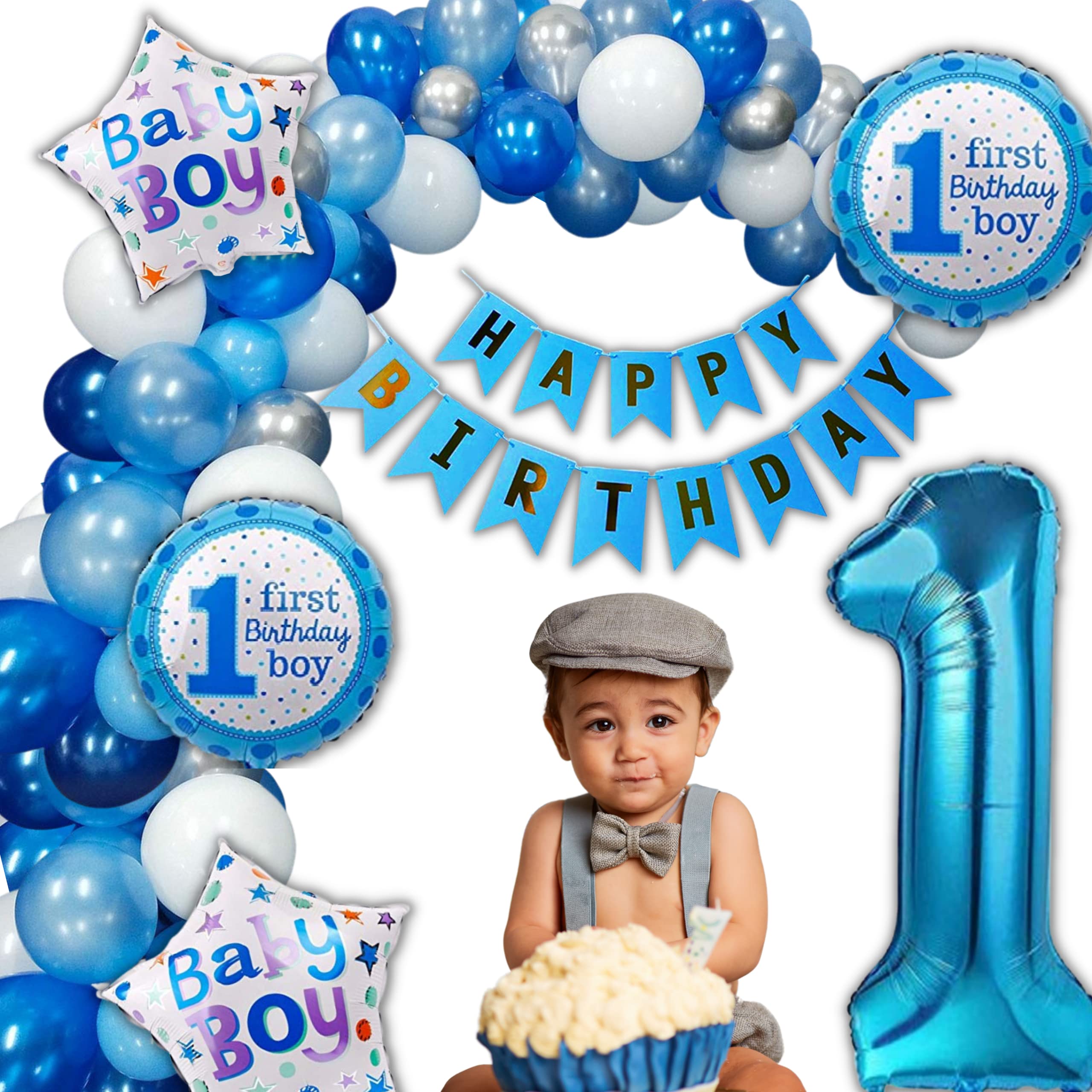 HOUSE OF BANTER1st Birthday blue Decoration pack for boys, Combo of 66Pcs. 20 white, 20 blue and 20 silver metallic balloons, 1st bday foil balloon set of - 5 & 1 Happy Birthday Banner