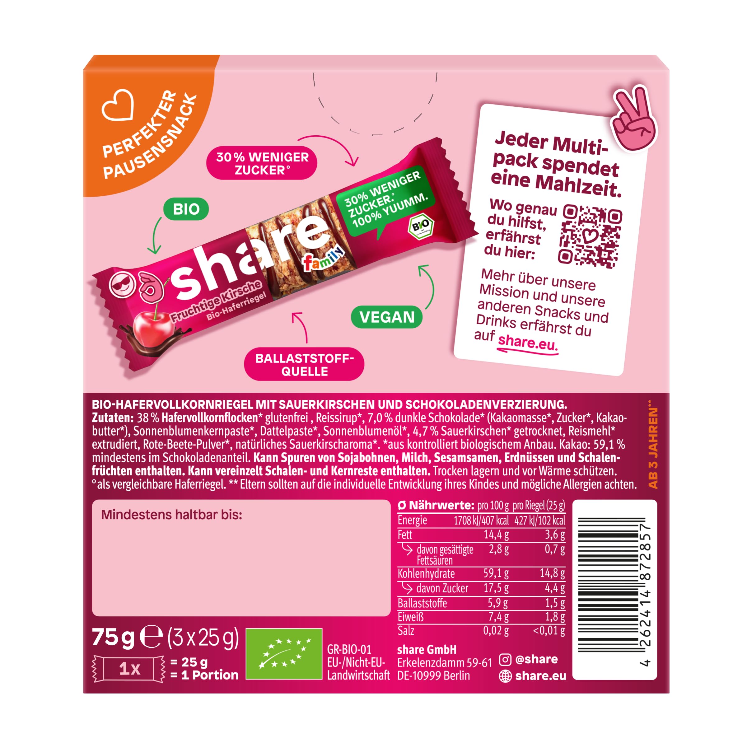 share Family Bio Bar Fruchtige Kirsche Haferriegel 12x(3x25g) | Vegan, Glutenfrei, Zuckerreduziert, Ballaststoffreicher Müsliriegel Snack für Kinder – Jeder Kauf spendet