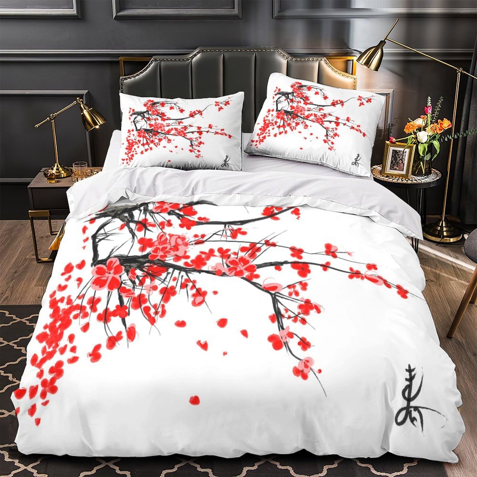 Housse de couette hypoallergénique fleurs rouges en microfibre respirante contre les allergies