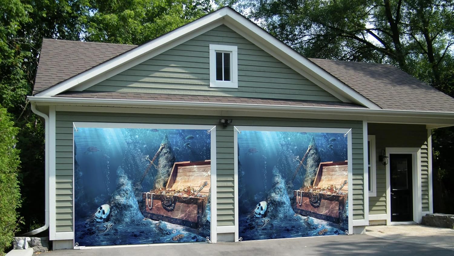 7x8ft Underwater Aquarium Garage Door Decor Gold Treasure Chest Skull Pirate Jewellery Garage Door Decor Nautical Marine Boy Children Girl Kid Parties Decor Banner