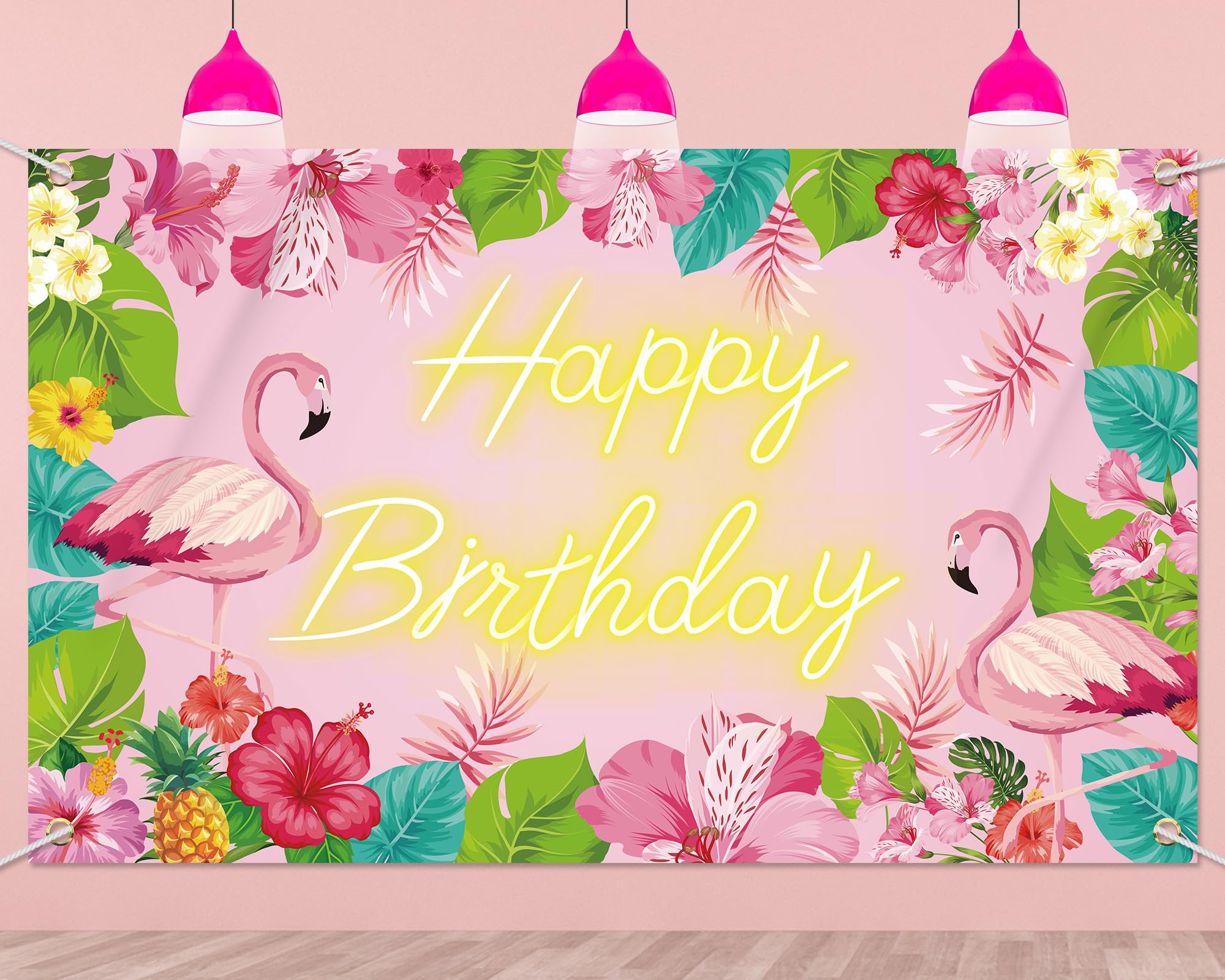 HunnmingRe Flamingo Birthday Decorations Background Hawaii Happy Birthday Backdrop 3.6 x 6 ft Tropical Birthday Banner for Birthday Luau Party