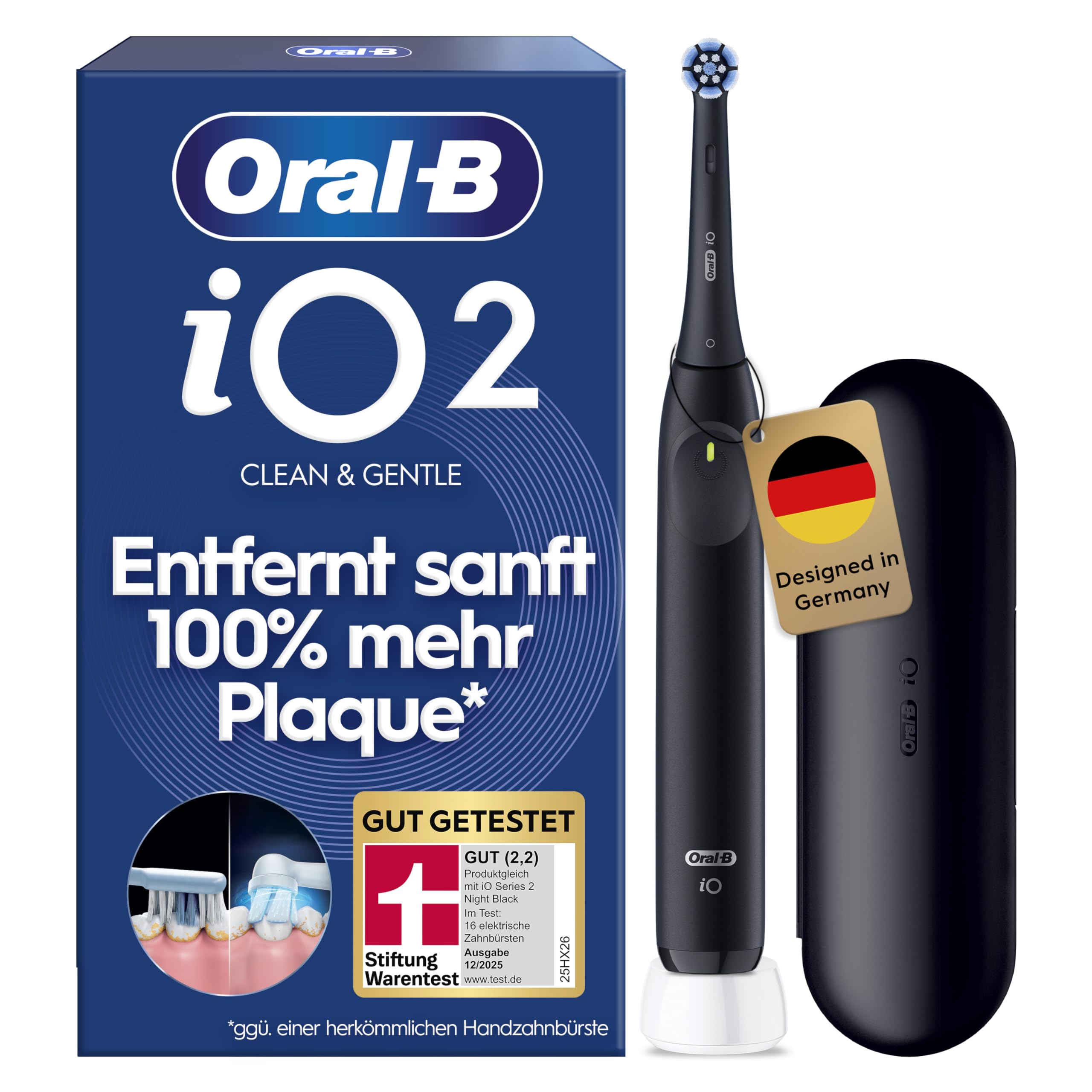 Oral-B iO Series 2 Elektrische Zahnbürste — Electric Toothbrush, Inkl. 1 Aufsteckbürste, Reise-Etui — 3 Putzmodi für Zahnpflege, GUT GETESTET (2,2) von STIFTUNG WARENTEST, Designed by Braun, Schwarz