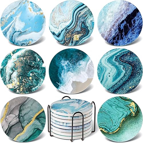 8 posavasos para bebidas con soporte, diseño de mármol océano, cerámica, absorbente, estilo océano, absorbente, con base de corcho para decoración
