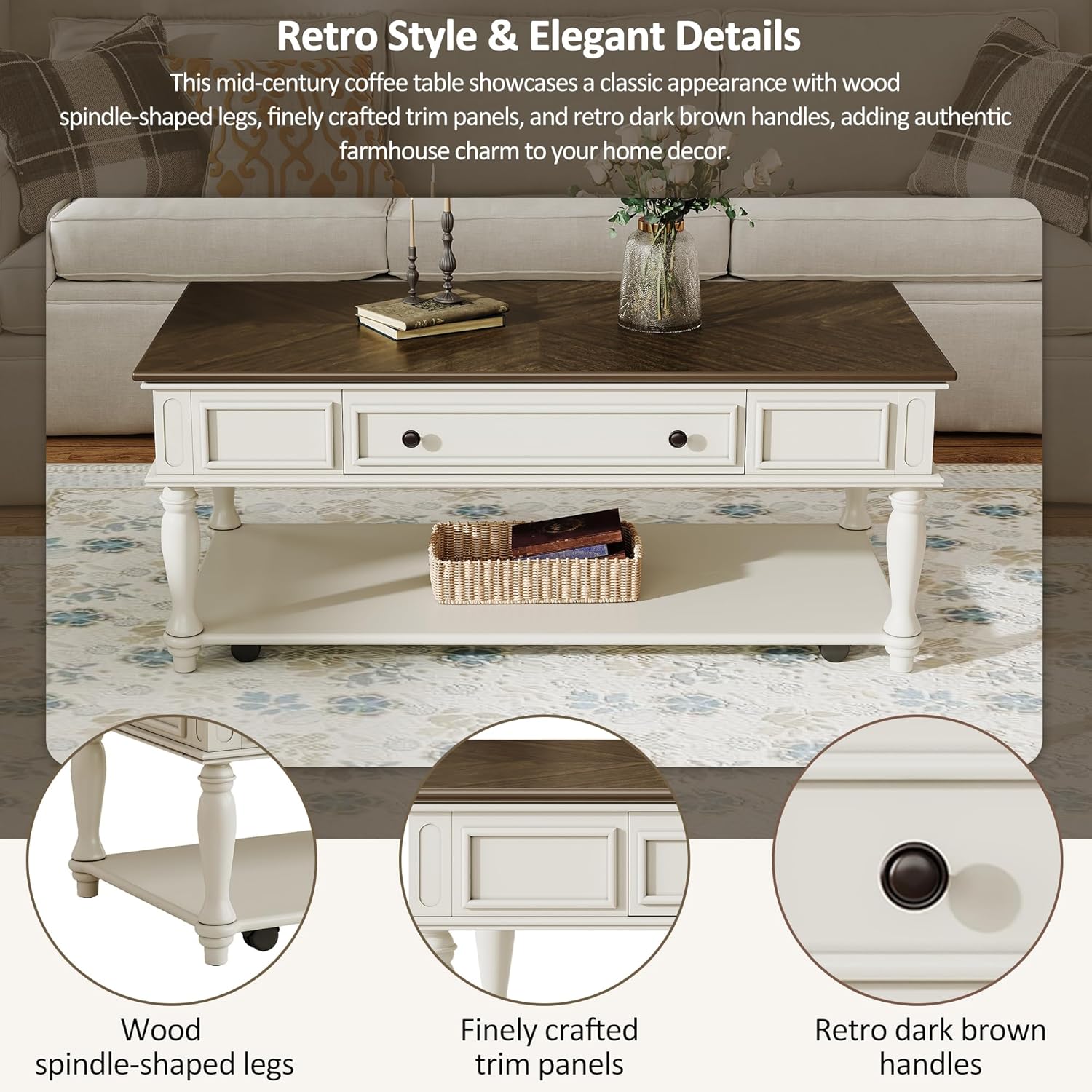 P PURLOVE Farmhouse Wood Coffee Table with Drawer,Retro Antique Coffee Table Cocktail Table with Caster Wheels for Living Room Bedroom