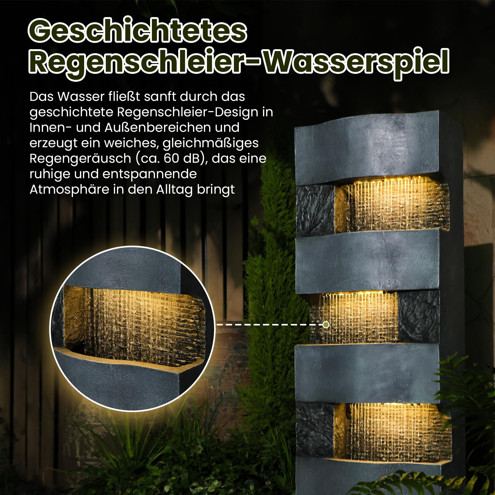 Sunlinua 3-stufiger Regenvorhang-Springbrunnen mit LED-Beleuchtung – moderner freistehender Brunnen für Garten, Terrasse, Balkon oder Eingangsbereich, 36.5×22×103 cm | Grau
