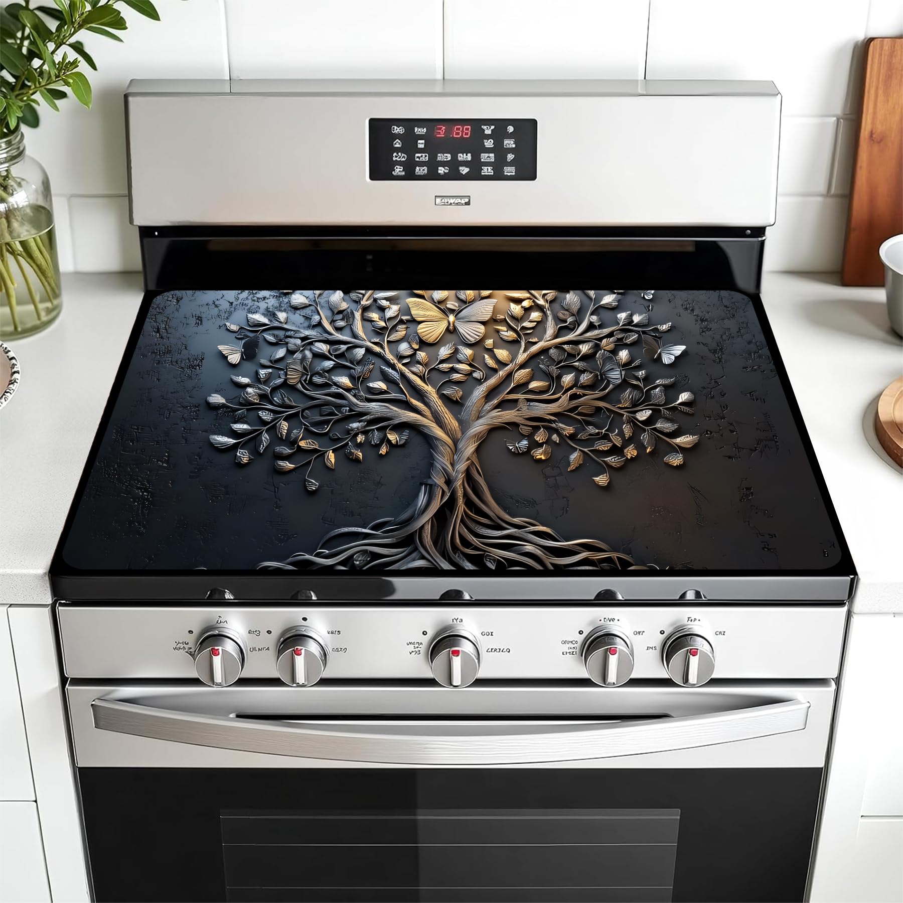 Multi-Design Stove Top Cover for Glass/Electric Stoves - 3-in-1 Heat-Resistant Protector Mat, Non-Slip Drying Rack 28"x20" (Tree of Life - Black, 28" L x 20" W)