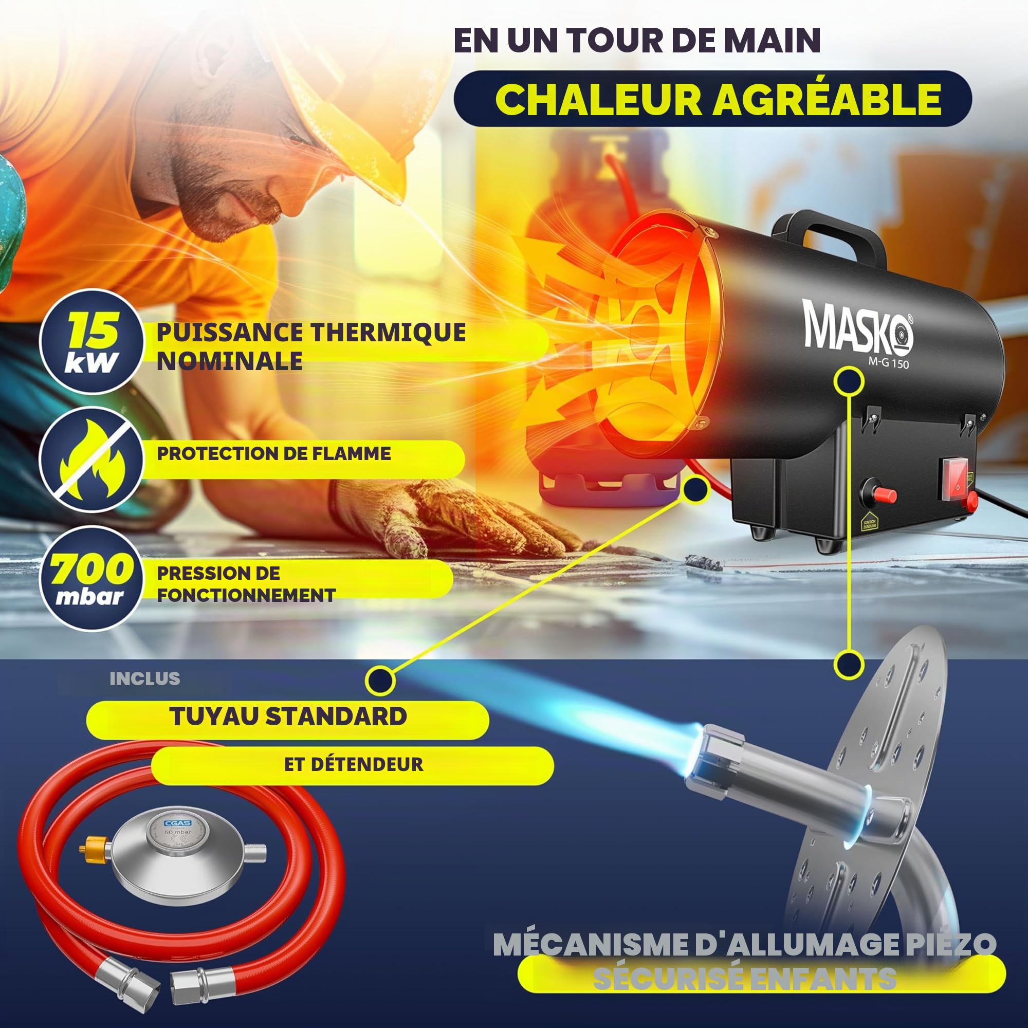 Masko® Radiateur soufflant à gaz Chauffage à gaz Canon à Chaleur Chauffage Radiant au gaz Chauffage de Chantier Chauffage à gaz Chauffage Radiant Générateur d'air Chaud, Noir, 15 KW