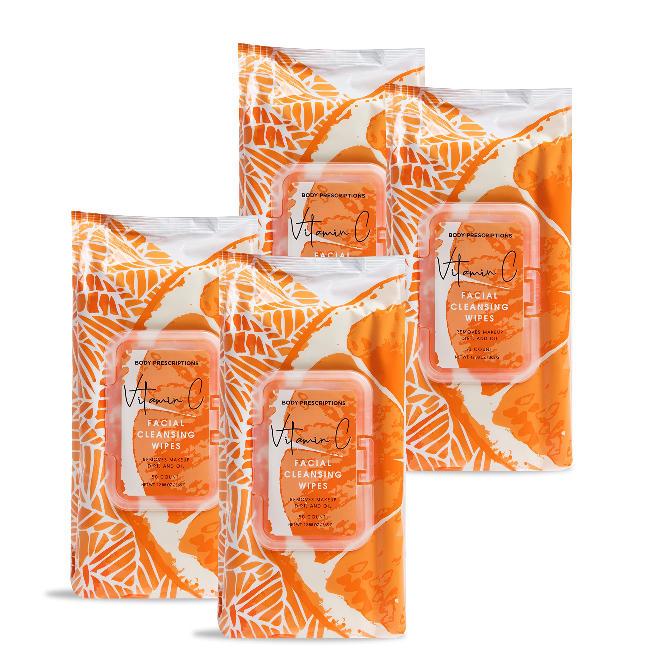 Body Prescription Makeup Cleansing Wipes - Gentle and Effective Face Wipes, 50 Count (Pack of 4), Vitamin C