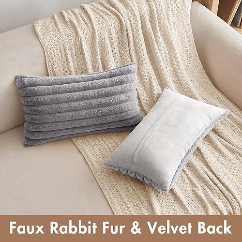 Miniatura 2 de MIULEE Juego de 2 fundas de almohada decorativas de felpa de piel sintética, lujosas, suaves y esponjosas a rayas, para sofá, cama, sala de estar,