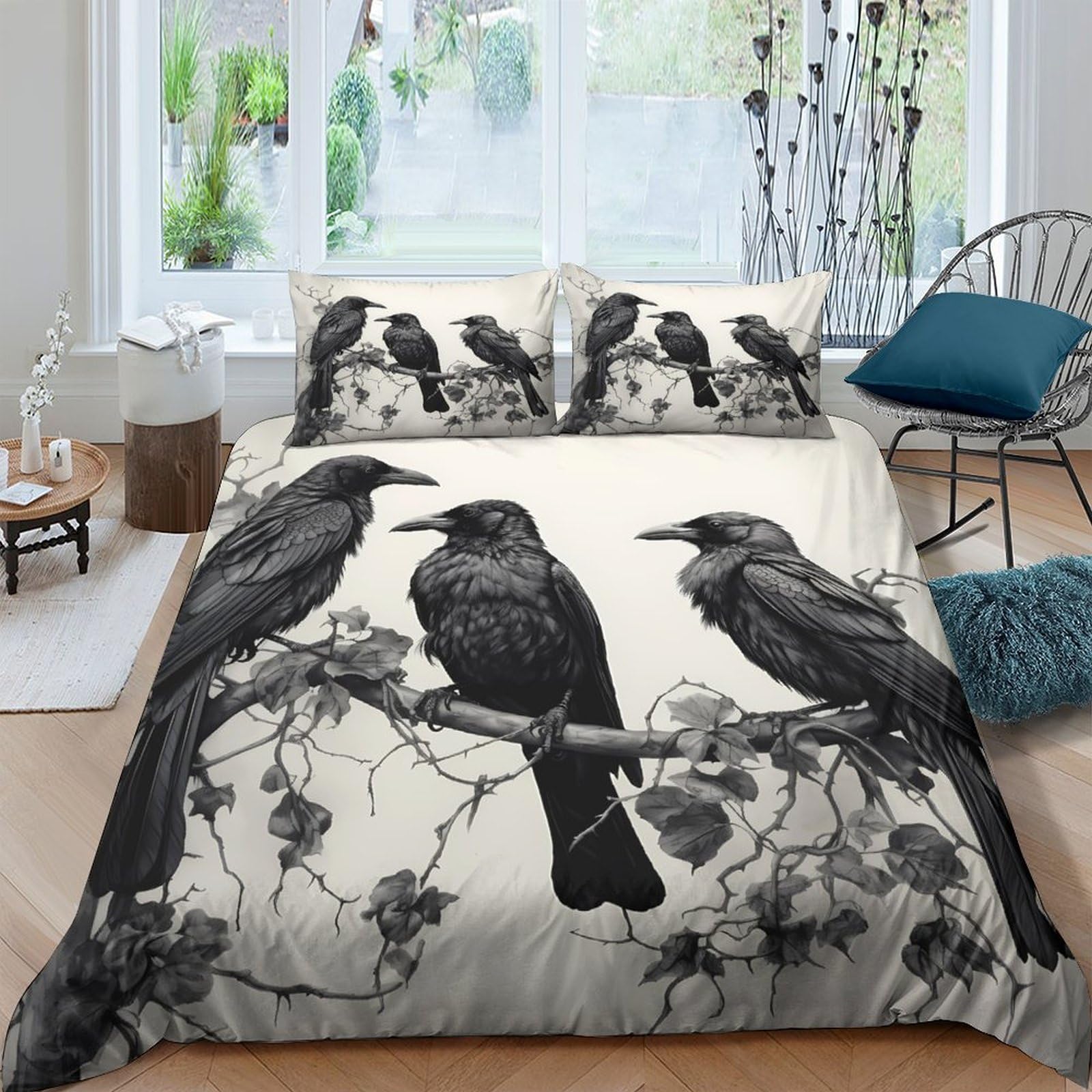 Ctjqhvkz Style-5 3D Printed Black Raven Fitted Sheet Microfiber Soft Gothic Forest Branch Mattress Cover For Bedroom Guest Room Decor Single（135X200cm）