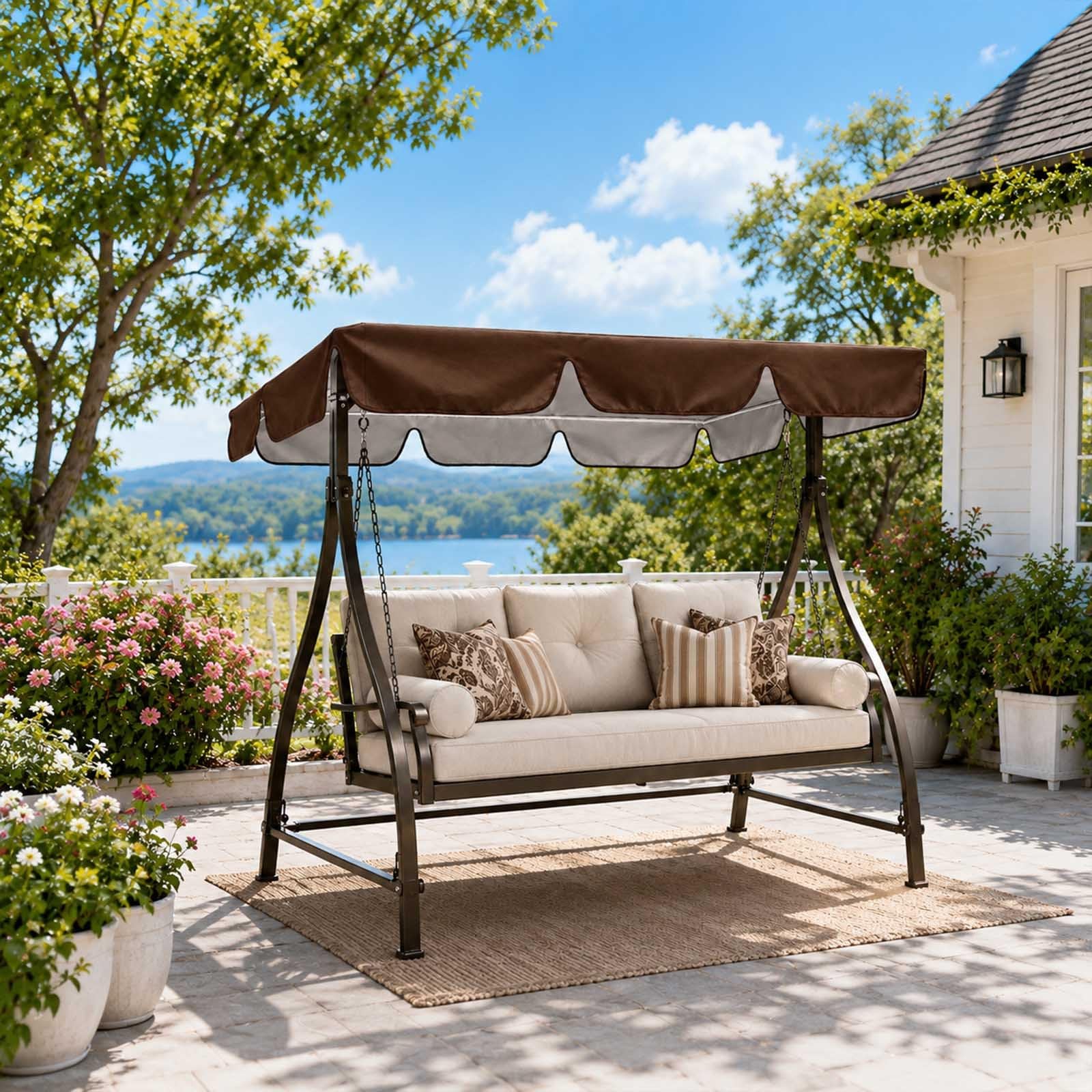 Tettuccio Per Dondolo Da Giardino Copertura Dondolo Elegante Di Ricambio Universale Da Giardino Telo Altalena Hollywood 3 Posti, Oxford 210D, Anti UV, Impermeabile(Brown,L249 x W185 x H18 cm)
