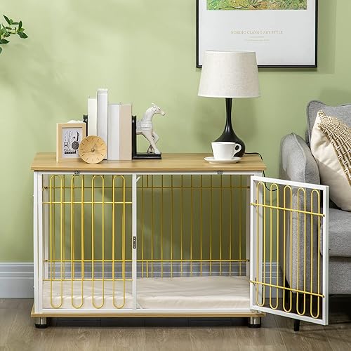 Miniatura 9 de PawHut Mesa auxiliar moderna de jaula mediana para perros con cojín suave cama de madera para perros muebles de interior para perrera con funda de