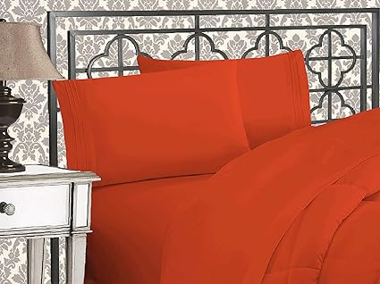 Elegant Comfort Luxurious 1500 Premium Hotel Quality Microfiber Three Line Embroidered Softest 4-Piece Bed Sheet Set, Wrinkle and Fade Resistant, Twin/Twin XL, Rust